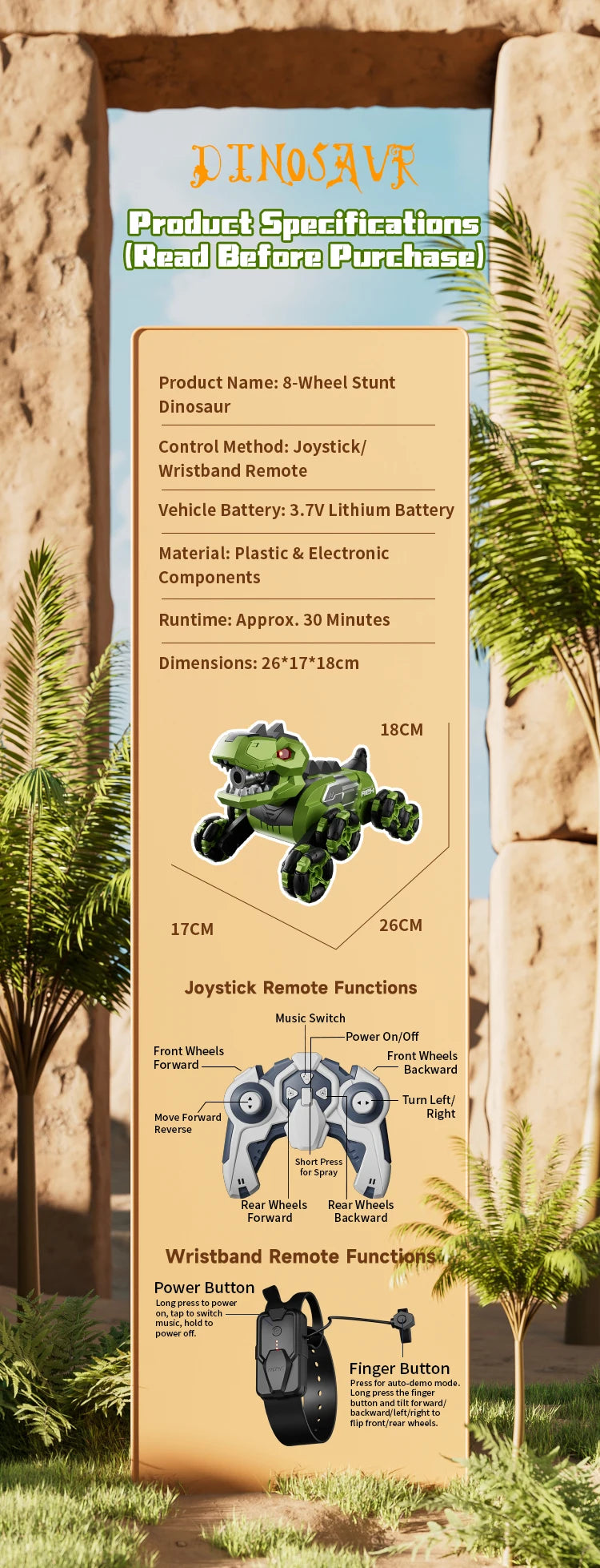 Y12 New Remote Control Dinosaur Stunt Car RC Drift Car Spray Mist Articulated Arms Transforming 8WD Off-Road Vehicle Toy for Kid