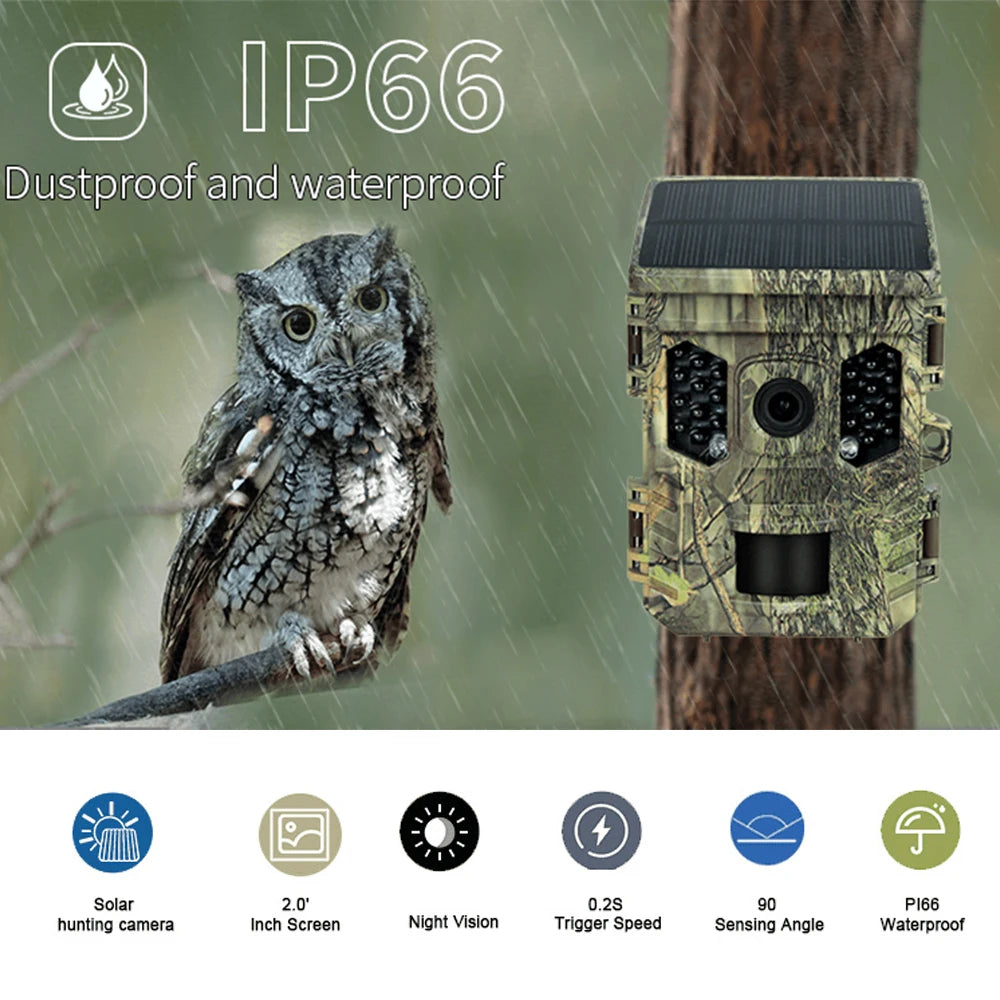 Wildlife Camera Solar Energy Trail Cam 4K with 1080P Night Vision Waterproof BT WiFi APP 16MP Game Camera with Motion Activation