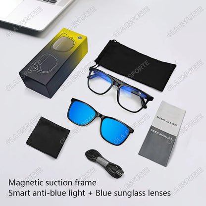 Hot GS05 Smart Glasses For Men 2 in 1 UV Protection Portable Polarized Anti-blue light Black Frame White Lenses Music Sunglasses
