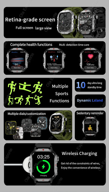 2025 New Military Smart Watch Men Outdoor 2.01" Al Voice Bluetooth Call Smartwatch Surprise Gift Outdoors For Android & IOS Male