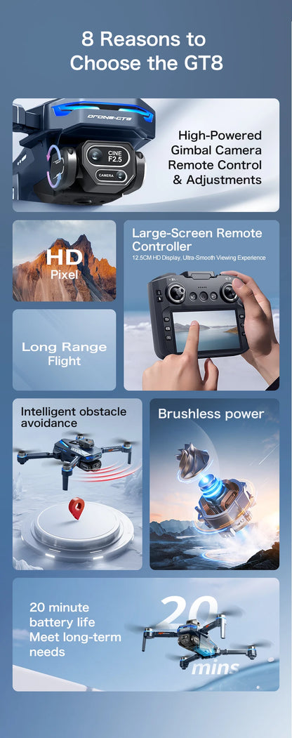 GT8MAX Drone Professinal RC 8K HD Cameras WIFI FPV Height Hold Gesture Photography Foldable Quadcopter Screen Remote Control Gif