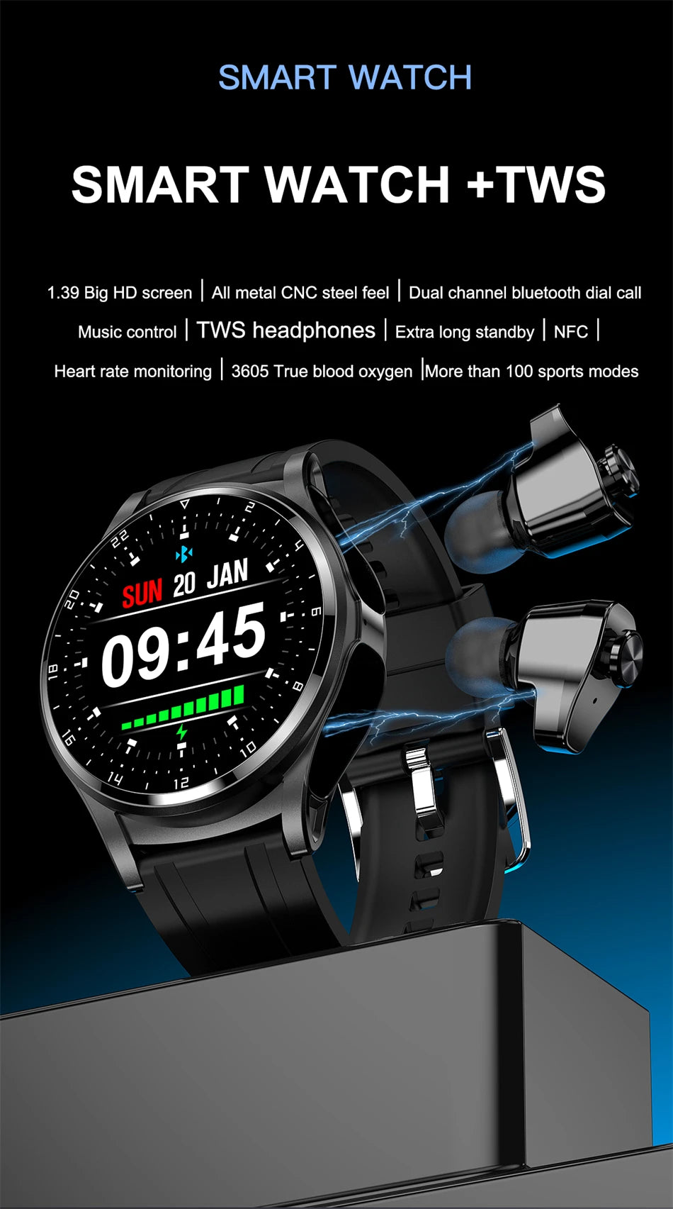 LIGE 2 in 1 Smartwatch Men 400mAh Battery Bluetooth Call With TWS Headset NFC Music Control 100+ Sport Mode Waterproof Watch Man