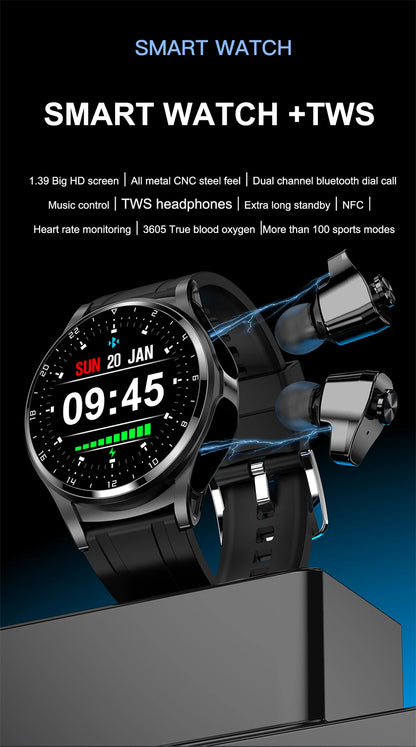 LIGE 2 in 1 Smartwatch Men 400mAh Battery Bluetooth Call With TWS Headset NFC Music Control 100+ Sport Mode Waterproof Watch Man