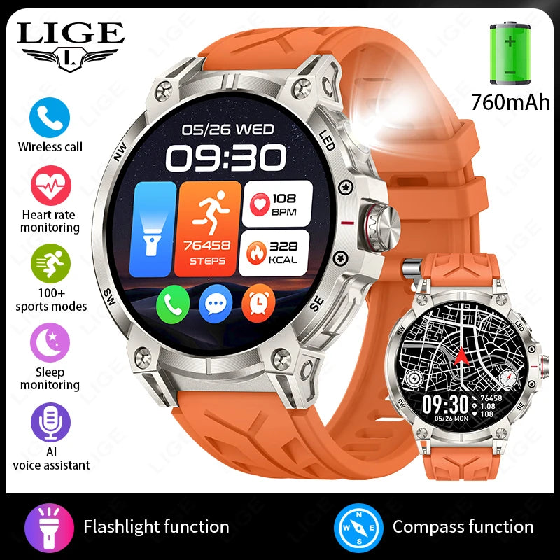 New Military Smart Watch Men 760mAh Large Battery LED Flashlight Compass 1.8"HD Screen Heart rate Waterproof BT Call Smartwatch