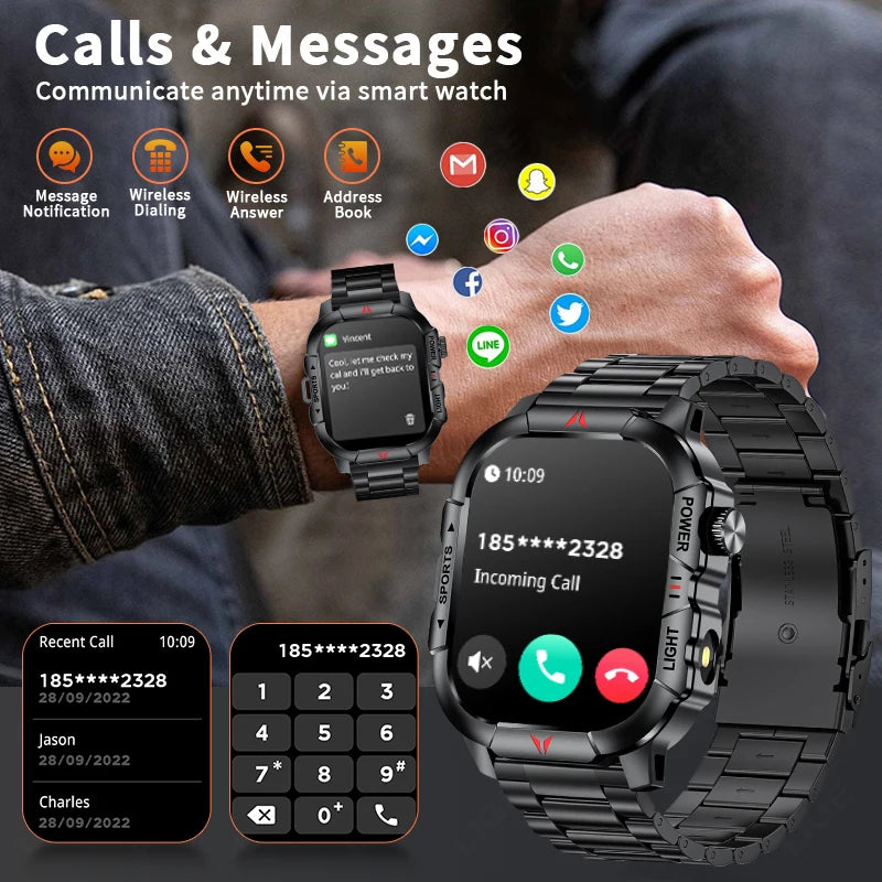 LIGE Smart Watch LED Flashlight Men Waterproof Watches 2.01-inch HD Screen Health Bracelet Military Outdoor Sport Smartwatch Man