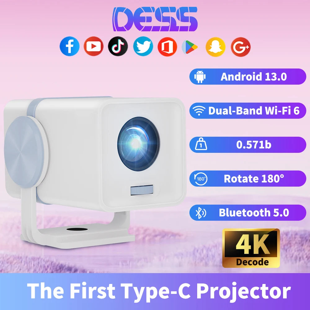 DESS Mini Projector Outdoor Portable Powered By Power Bank 4K Decoding Native 720P WiFi 6 BT 5.0 180°Rotatable Movie Projector