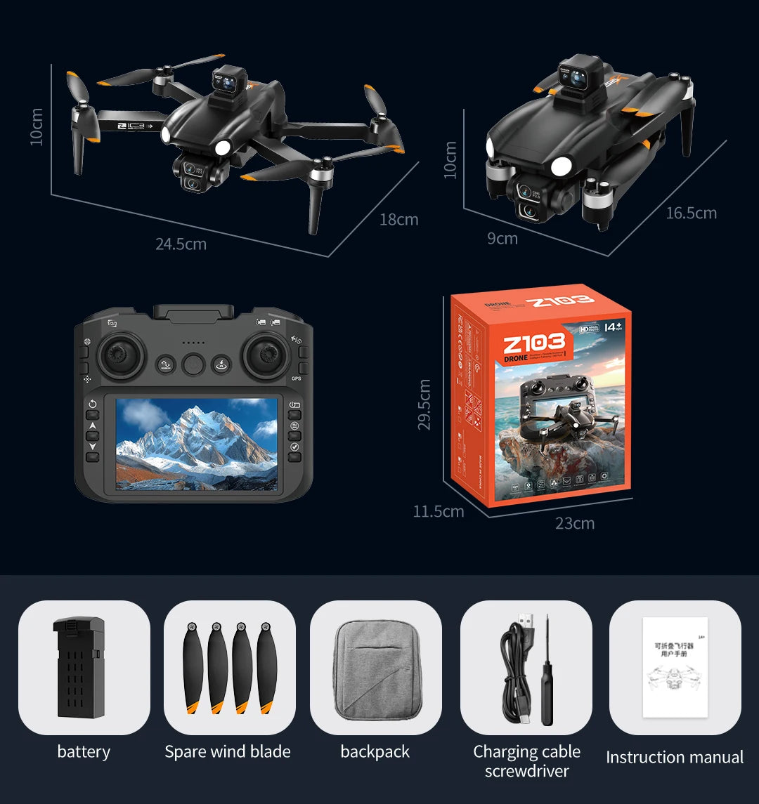 Z103 Pro MAX GPS Drone 8K Professional HD Dual Camera With Screen 5G WIFI Laser Obstacle Avoidance Brushless Rc Quadcopter Drone