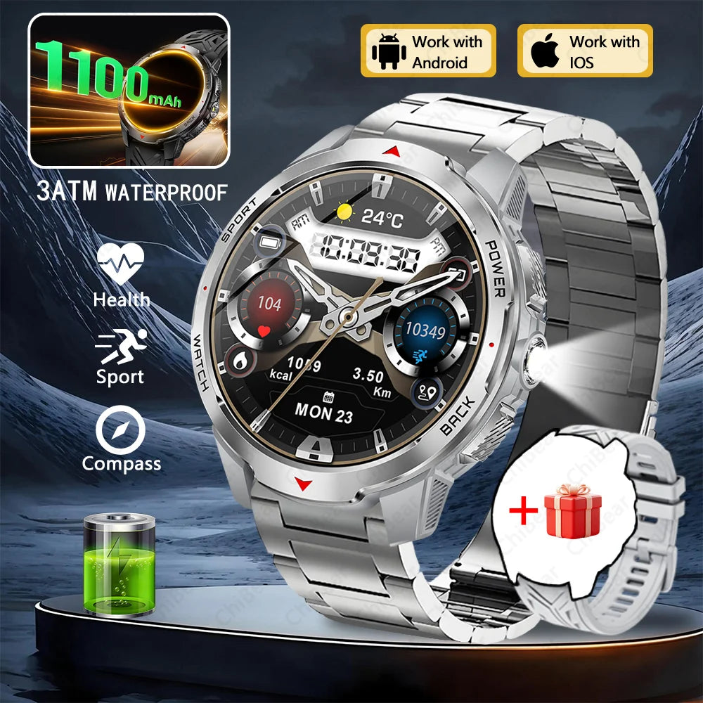 GPS Outdoor Sports Smartwatches 1100mAh Battery Compass Men's LED Lights 5ATM Waterproof Watch Bluetooth Call Smart Watch