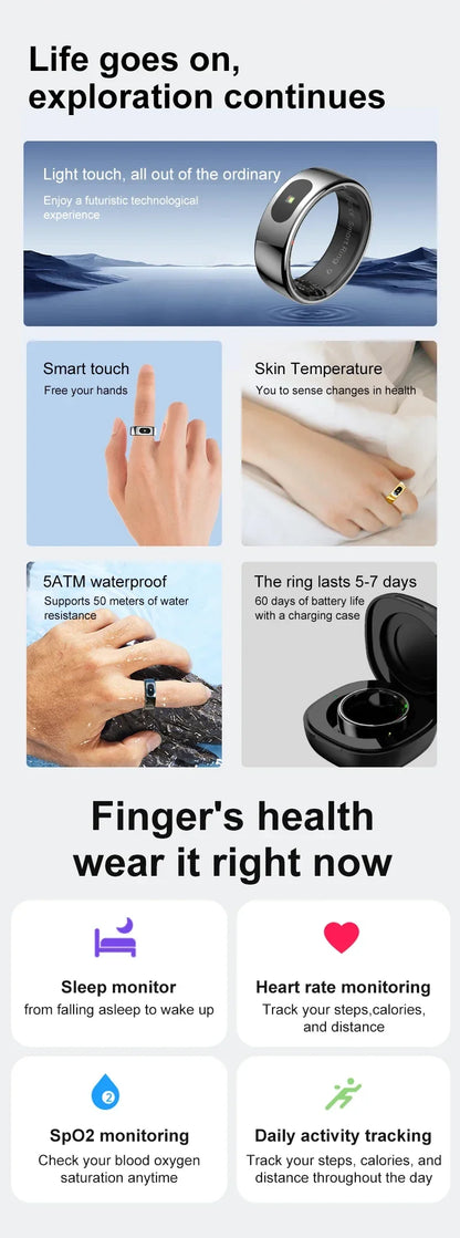 Smart Ring with Case-Skin Temperature Measure,Message Call Reminder,Sport Health Sleep Monitor,IP68 5ATM,Touch Control Rings
