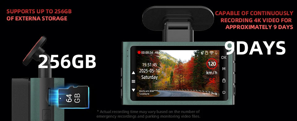 Dash Cam 4K Ultra High Definition Support Speed Real Display Loop Recording Optional 2.5K Rear Camera Driving Recorder