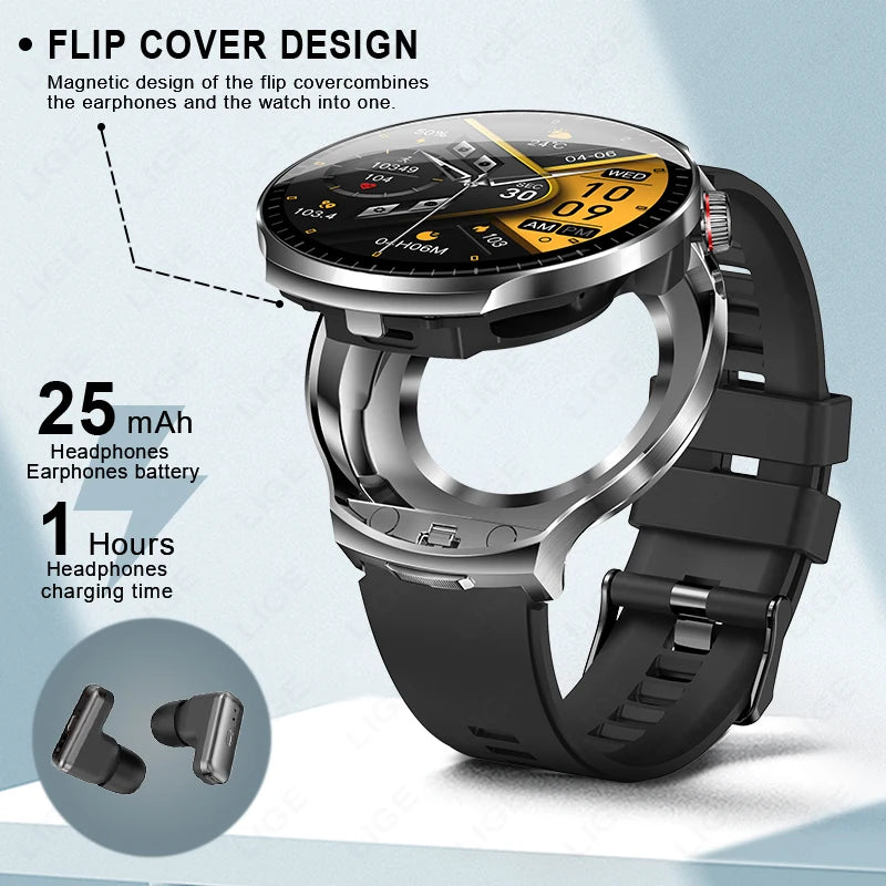 LIGE 2025 Smart Watch 2 in 1 With Earphone Smartwatch Bluetooth Call Men Watch AI Voice Heart Rate Monitor Play Music SmartWatch