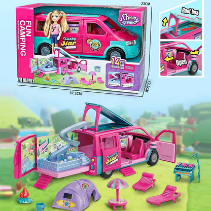Youngsters's Playhouse Picnic Car Fashion Doll Bus Toy Set Multifunctional Outdoor RV Sports Car Birthday Christmas Gift