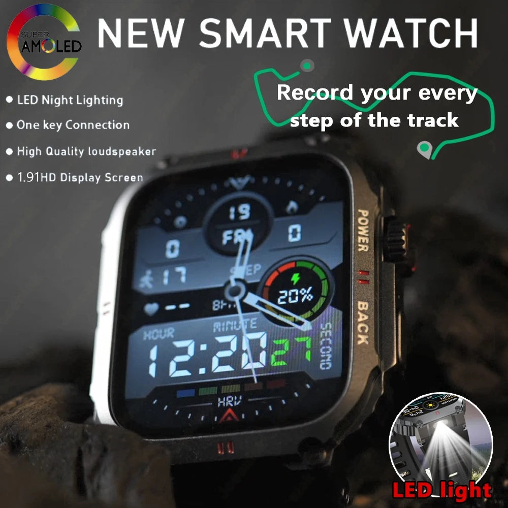 Men's Outdoor Sports Bluetooth Call Smart Watch 1.91 Inch Full Screen Touch Flashlight 110+ Sport Mode Smartwatch 2025 New