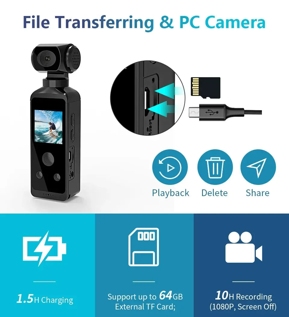4K Handheld action camera 1.69“ touchscreen,4K Pocket camera Video recording camera, Rechargeable 1000mah/3000mAh, holiday gift