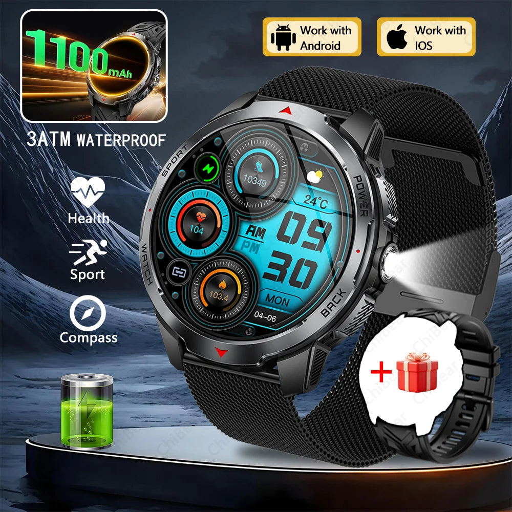 GPS Outdoor Sports Smartwatches 1100mAh Battery Compass Men's LED Lights 5ATM Waterproof Watch Bluetooth Call Smart Watch