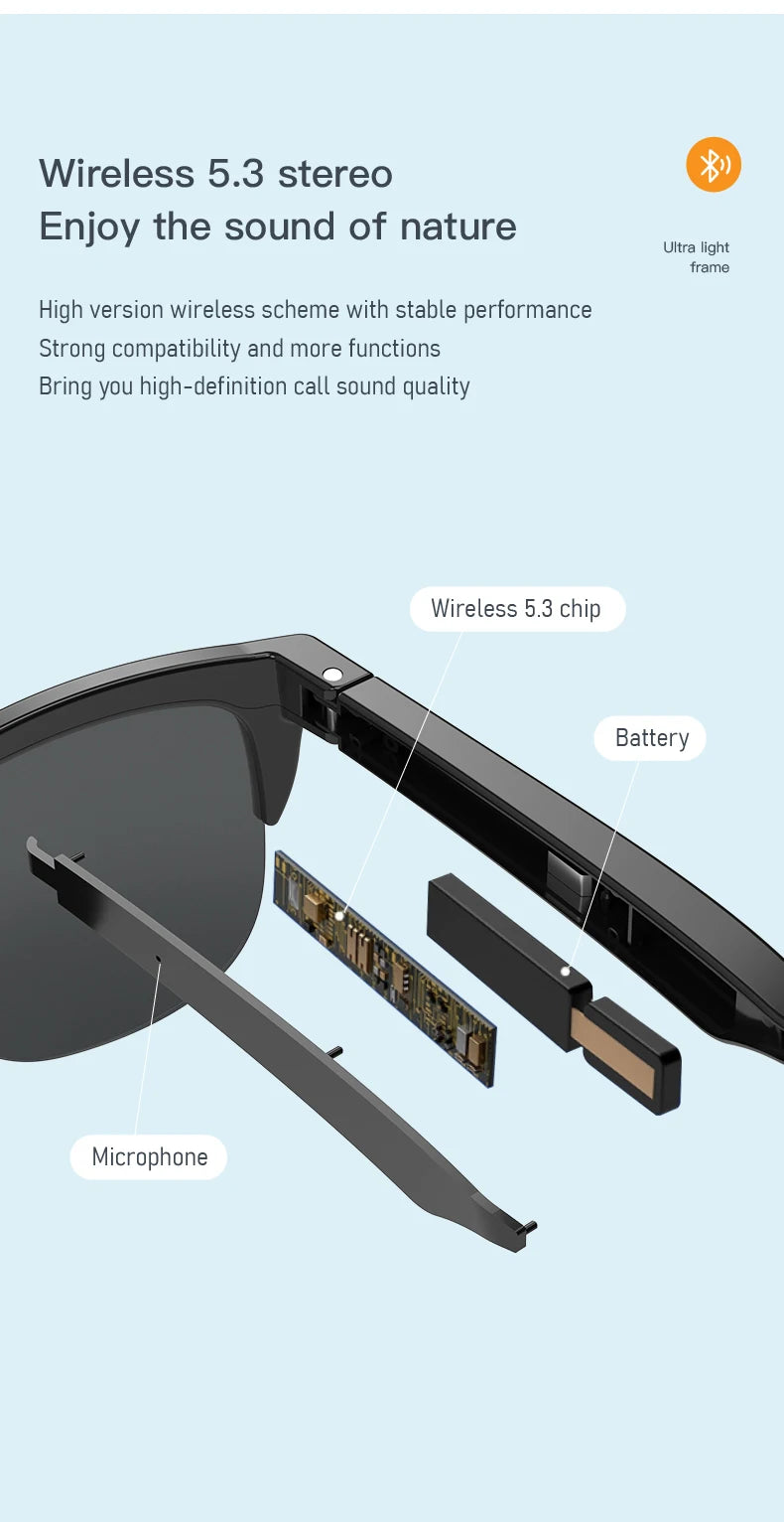 Touch Based Intelligent Bluetooth Glasses with Bone Conduction For Outdoor Sports Calls Sunglasses Business Wireless Headphones