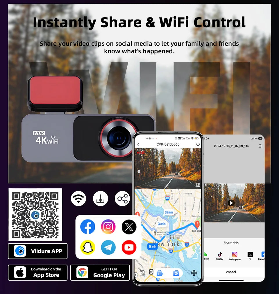 Dash Cam 4K HD Ultra Wide Angle Loop Recording Dash Cam Built-in WiFi Optional Dual Lens 24 Hours Parking Monitoring
