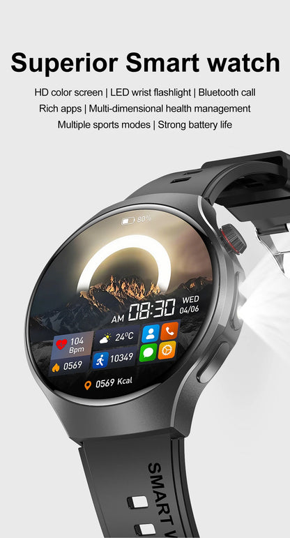LED Outdoor Smart Watch Men 100+Sports Mode 1.53 360*360 HD AMOLED Screen LED Flashlight IP67 Waterproof Voice Call Smartwatch
