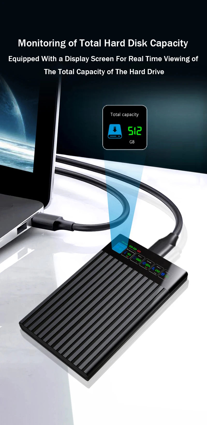 Portable  SATA To Type-C Hard Drive Chassis Intelligent Digital Display Adapter 2.5 Inch 6Gbps External HDD Case for PC Laptop