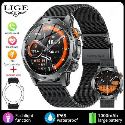 LIGE New Smart Watch Men 1000mAh Large Capacity Battery Outdoor Flashlight Bluetooth Call Waterproof Sport Fitness Smartwatch