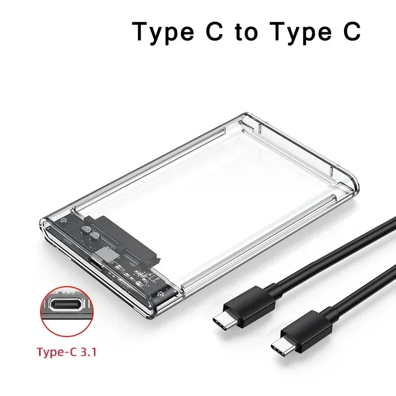 USB 3.0/Type C External Hard Drive Enclosure 2.5 Inch SATA to USB3.0 UASP Clear Portable Hard Drive Case HDD Tool-Free