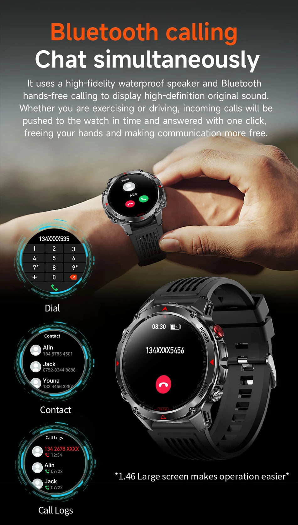 Built-in GPS Positioning Smart Watch Men 1.46 Inch HD Screen Compass 100+ Sport Mode 30M Waterproof Bluetooth Call Smartwatch
