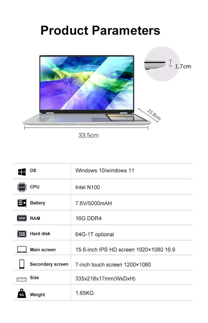 CRELANDER Intel N100 Notebook 15.6 " 2K +7" Touch Screen Quad Core 16GB WIFI Windows11 Portablet PC Computer Dual Screen Laptop