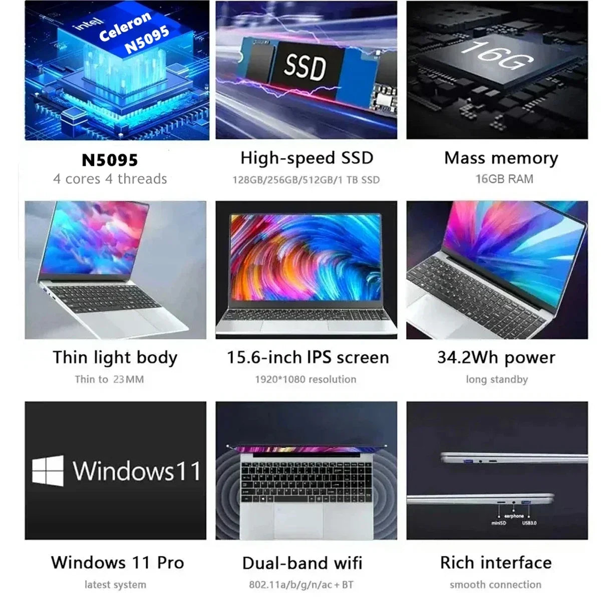 CARBAYTA 15.6" Laptop Computer Intel N5095 Notebook PC 16GB 32GB DDR4 128GB-2TB SSD Office Study PC Windows 11 1080P Laptops