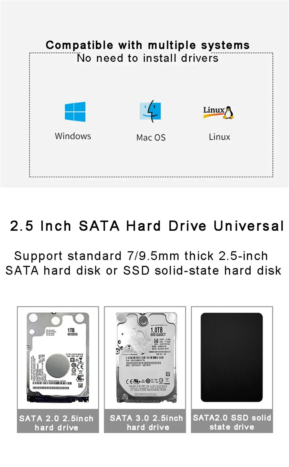 USB 3.0/Type C External Hard Drive Enclosure 2.5 Inch SATA to USB3.0 UASP Clear Portable Hard Drive Case HDD Tool-Free
