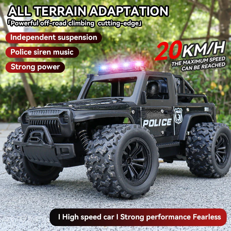 Remote-controlled off-road police car, cool police lights, simulated siren sounds, 1:16 scale alloy body,Spring shock absorption