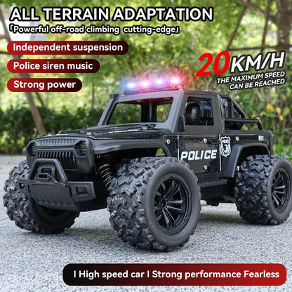 Remote-controlled off-road police car, cool police lights, simulated siren sounds, 1:16 scale alloy body,Spring shock absorption