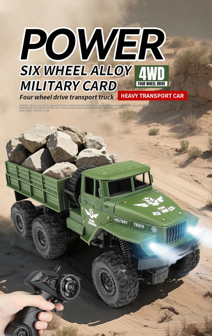 1/16 2.4G Aluminum Alloy RC Truck Six Wheel Military Edition with LED Lights Outdoor Remote Control Cars Toys Gift for Children