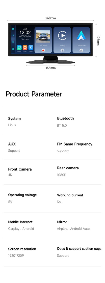 11.26 inch IPS Touch Screen Multimedia Video Player Portable 4K Car DVR Wireless CarPlay Android Auto Dual Lens Driving Recorder