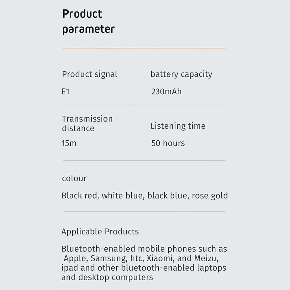 Ear Hook E1 Wireless Bluetooth Earphone Earbuds in-ear Business Headphones Long Standby Hi-Fi Stereo E1 Bluetooth Headset Gaming