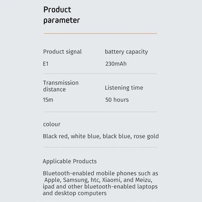 Ear Hook E1 Wireless Bluetooth Earphone Earbuds in-ear Business Headphones Long Standby Hi-Fi Stereo E1 Bluetooth Headset Gaming