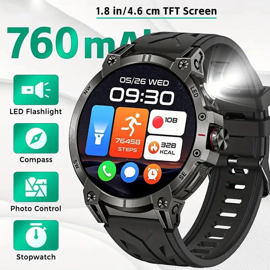 New Military Smart Watch Men 760mAh Large Battery LED Flashlight Compass 1.8"HD Screen Heart rate Waterproof BT Call Smartwatch