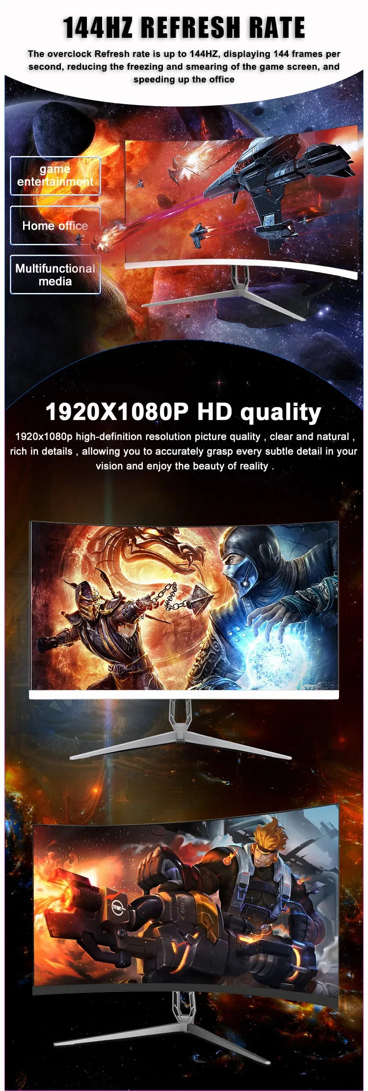 24-inch Gaming Monitor,1920*1080p,2ms,144hz,Ultra Wide 178° Wide Viewing Angle,LED Curved Display,For Gaming Office Learning