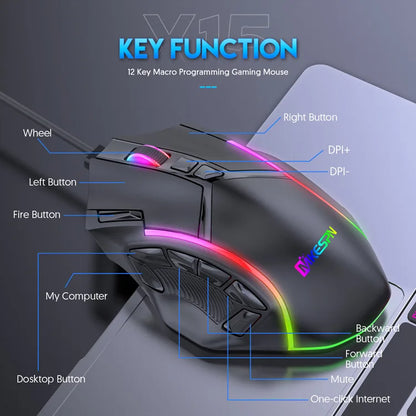 Macro Definition Wired Rgb Gaming Mouse  Full Speed 12800dpi 12 Keys Computer Accessories