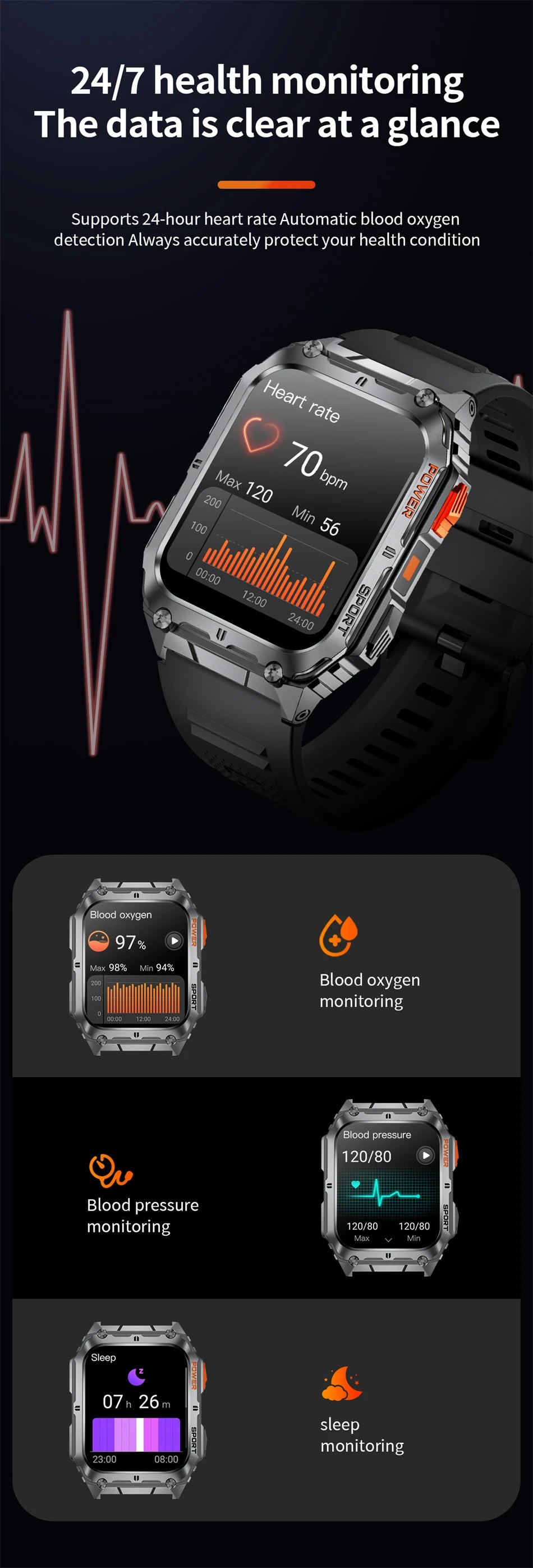 LIGE 1.91-inch Screen Men Smart Watch Led Lighting IP68 Waterproof Watch Outdoor Sport Health Monitor Smartwatch For Android IOS