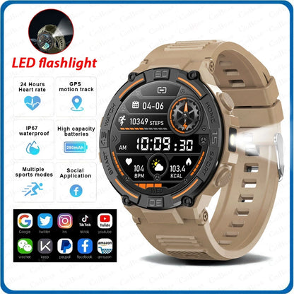 Outdoor Smart Watch with Flashlight Male Sports Fitness Waterproof Watch 24 Hours Heart Rate Monitor Bluetooth Call Smartwatch