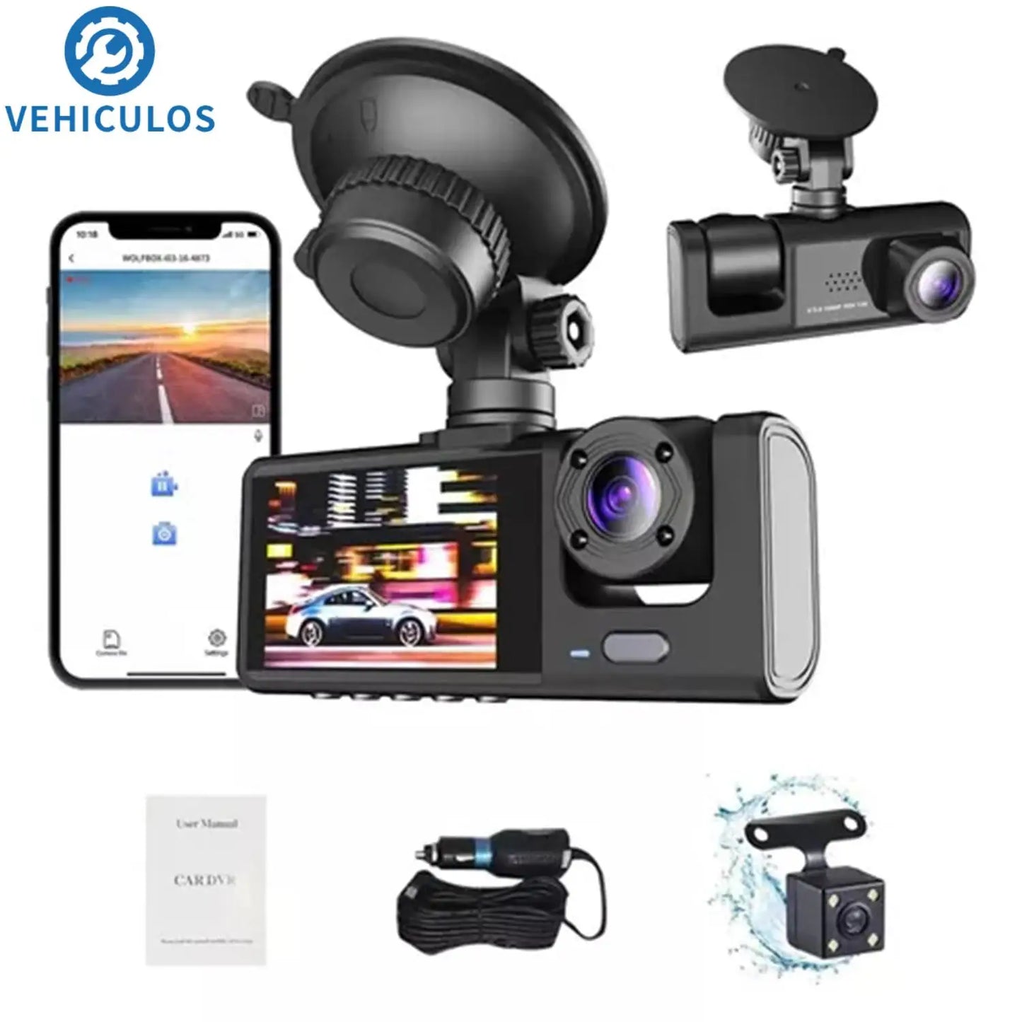 Dash Cam Recording Car Camera DVR S1 2"Screen HD 1080P 3 Cameras+WiFi (Front/Rear/In car) Night Vision Video Recorder