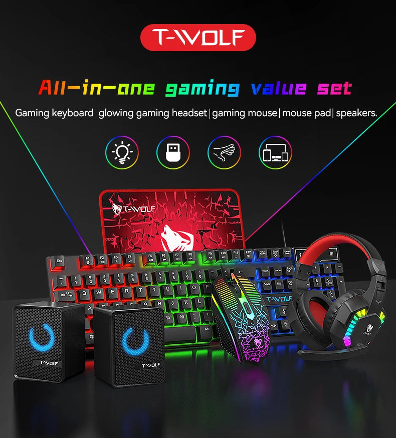 Five-piece Gaming Combo 104 Keys Keyboard 4-color Breathing Light Mouse 3.5mm Gaming Headset Gaming Speaker Anti-slip Mouse Pad