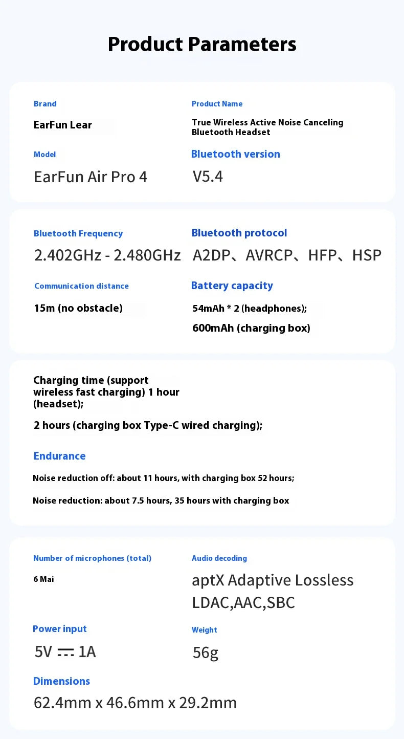 EarFun Air Pro 4 Wireless Earphone Active Noise Reduction HI-FI Bluetooth5.4 Earphones E-sports IPX5 Waterproof PC Gamer Earbuds