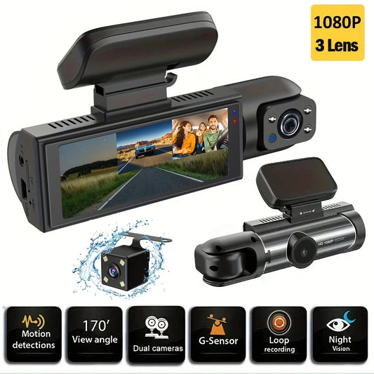 Dash Cam for cars 1080P 3-Lens car camera Night Vision Loop Recording wide angle Car DVR Came Front And Inside Car Dash Recorder
