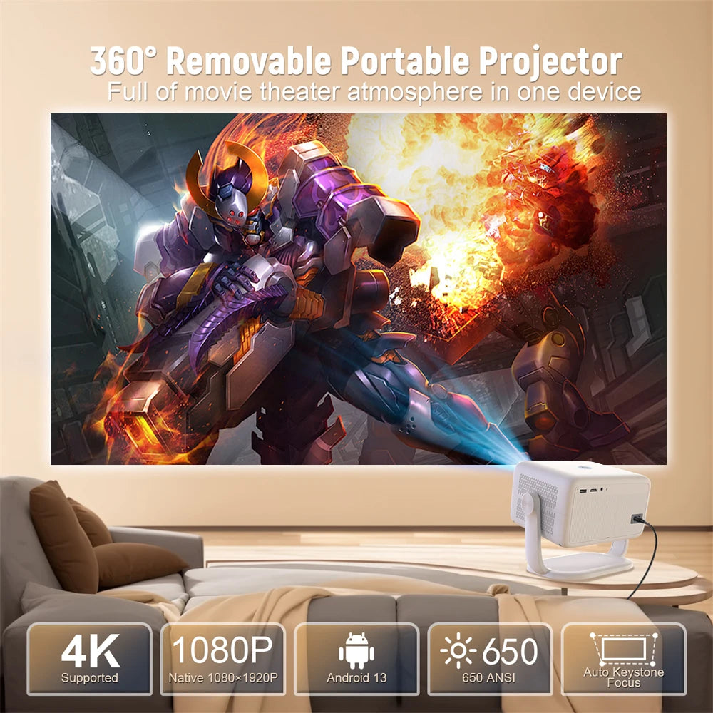Salange 360° Projector Native 1080P 650ANSI 4K Android 11 With Auto Keystone Focus Air Mouse Wifi6 BT5.2 Portable Movie Outdoor