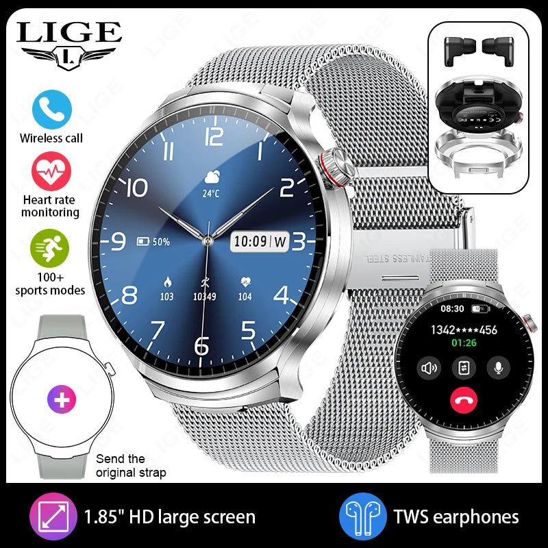 LIGE 2025 Smart Watch 2 in 1 With Earphone Smartwatch Bluetooth Call Men Watch AI Voice Heart Rate Monitor Play Music SmartWatch