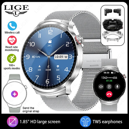 LIGE 2025 Smart Watch 2 in 1 With Earphone Smartwatch Bluetooth Call Men Watch AI Voice Heart Rate Monitor Play Music SmartWatch
