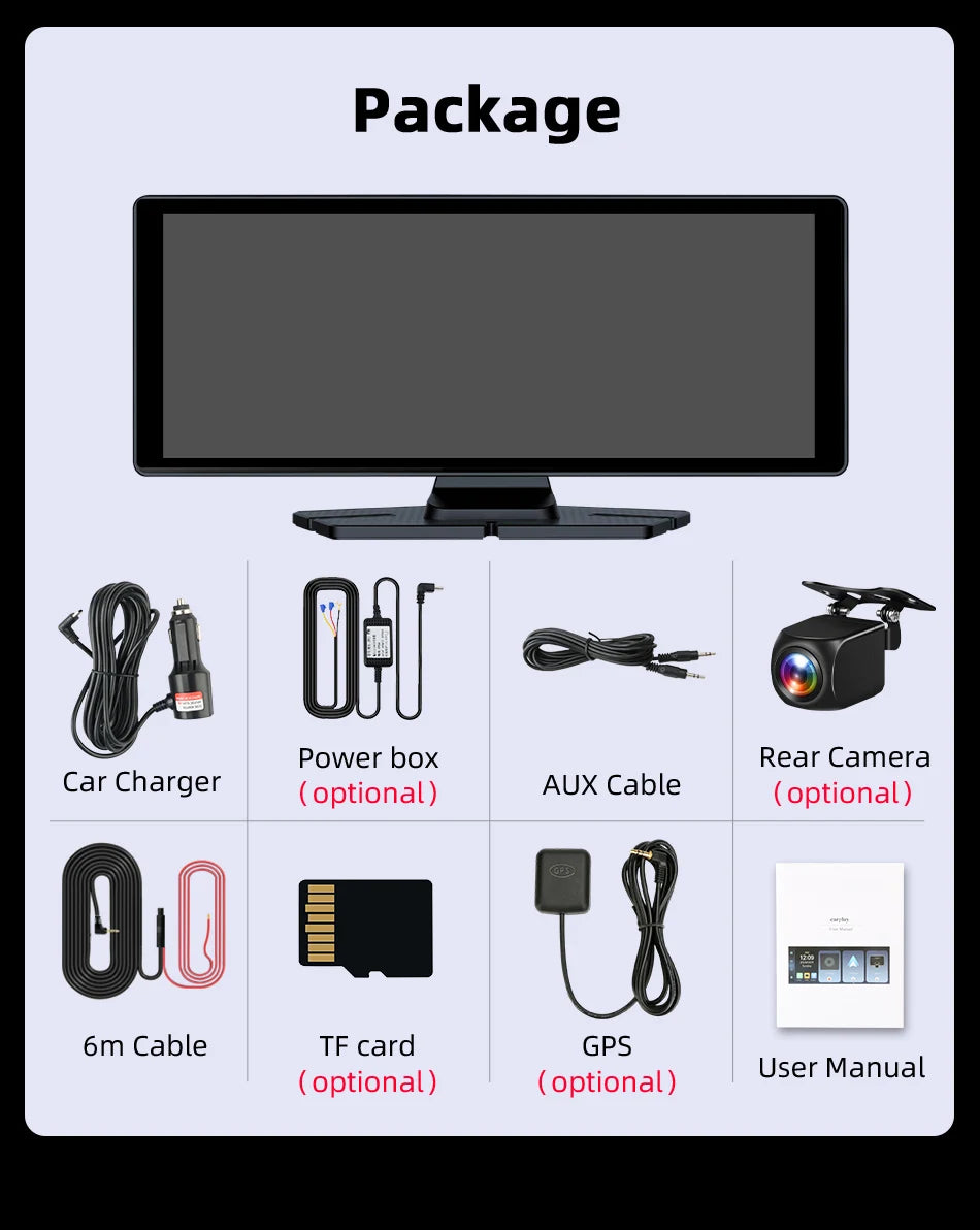 4K Dash Cam 10.26 inch Carplay & Android Auto Car DVR Video Recorder Dahscam Camera 5G Wifi GPS Navigation FM AUX 360 ° Rotation