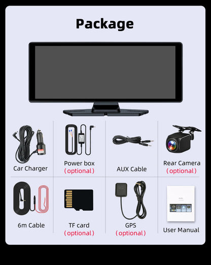 4K Dash Cam 10.26 inch Carplay & Android Auto Car DVR Video Recorder Dahscam Camera 5G Wifi GPS Navigation FM AUX 360 ° Rotation