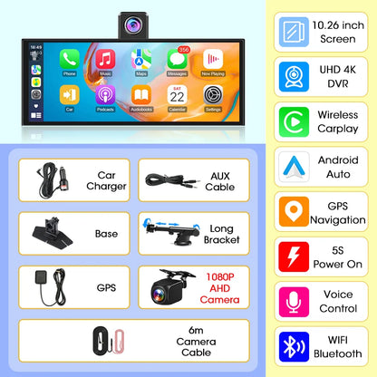 4K Dash Cam 10.26 inch Carplay & Android Auto Car DVR Video Recorder Dahscam Camera 5G Wifi GPS Navigation FM AUX 360 ° Rotation